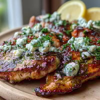 Greek Chicken with Lemon and Feta served with lemon wedges on a rustic plate.