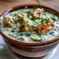 A warm bowl of Garlic Parmesan Chicken Soup garnished with parsley, featuring tender chicken pieces and a creamy, velvety broth.