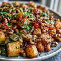 Roasted black-eyed peas and golden potatoes tossed with peppers and onions in Black-Eyed Pea Hash.
