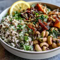 Warm Black-Eyed Pea Grain Bowl with roasted sweet potatoes and red onions.