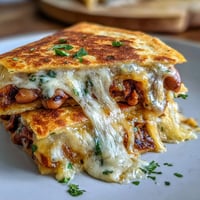 Golden-brown Black-Eyed Pea Quesadilla wedges, filled with creamy mashed peas and gooey melted cheese, served with salsa.