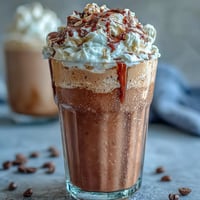 Vanilla Bean Frappuccino Protein Shake in a tall glass, topped with whipped cream and a sprinkle of cinnamon.