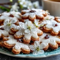 Beautiful flower-shaped shortbread cookies with delicate buttery edges, dusted with powdered sugar for a classic tea-time treat.