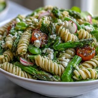 Spring pasta salad with lemon vinaigrette and radishes, bursting with fresh vegetables and tangy citrus dressing, perfect for a light lunch or picnic side dish.