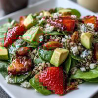 Strawberry avocado quinoa salad with juicy berries and creamy avocado in a citrus dressing, perfect for a healthy lunch.  