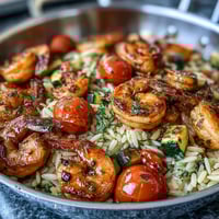One-pan lemon butter shrimp and orzo with cherry tomatoes and zucchini, cooked in a zesty garlic broth.