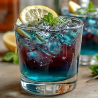 Butterfly Pea Flower Lemonade, a vibrant blue drink turning purple with a lemon twist.