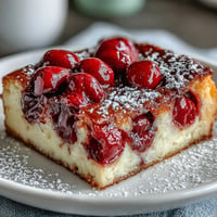 Bright Fresh Cherry Clafoutis baked golden with a warm, creamy vanilla bean custard.